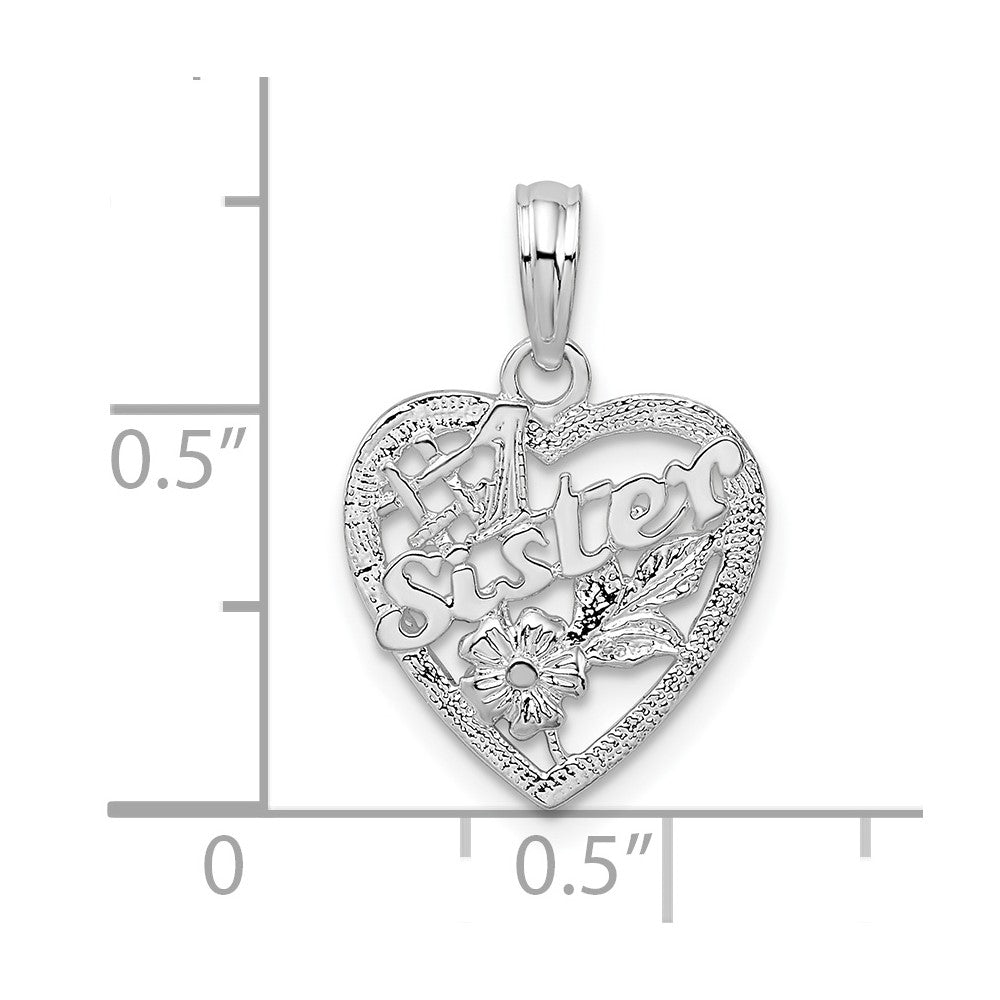 Sterling Silver Rhodium-plated Polished #1 Sister w/Flower Heart Pendant