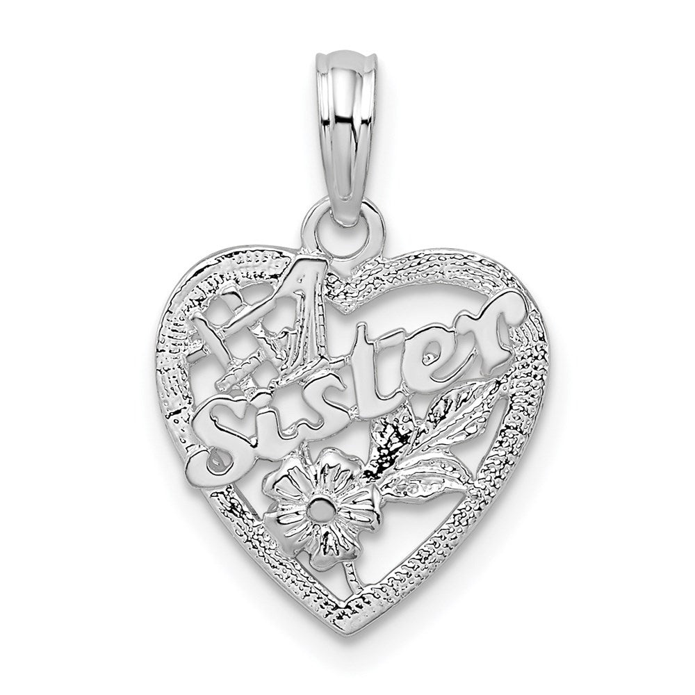 Sterling Silver Rhodium-plated Polished #1 Sister w/Flower Heart Pendant