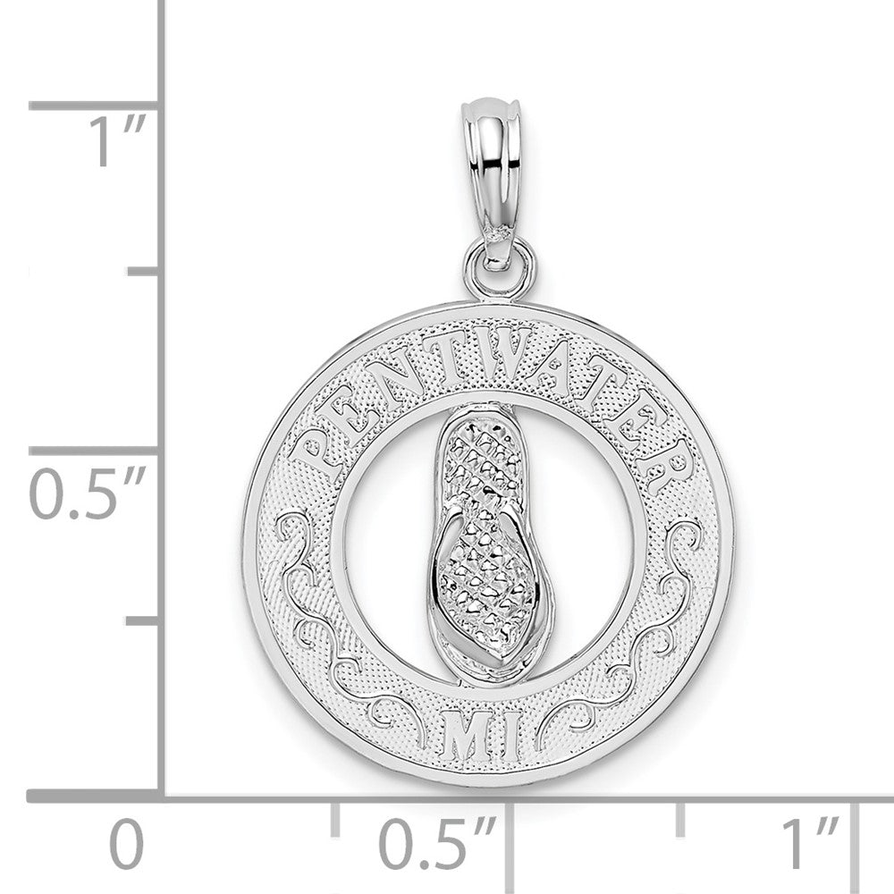 Sterling Silver Rhodium-plated Pentwater, MI Circle w/Flip Flop Pendant