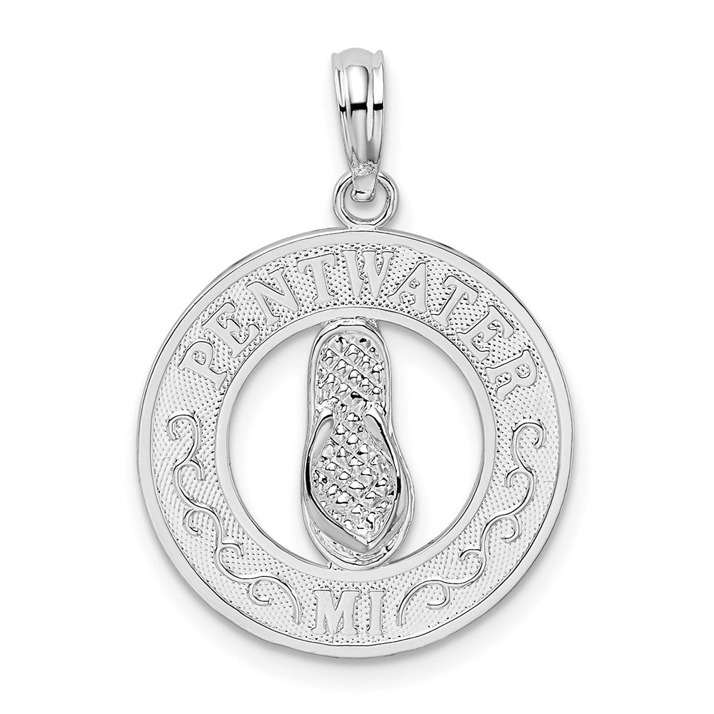 Sterling Silver Rhodium-plated Pentwater, MI Circle w/Flip Flop Pendant