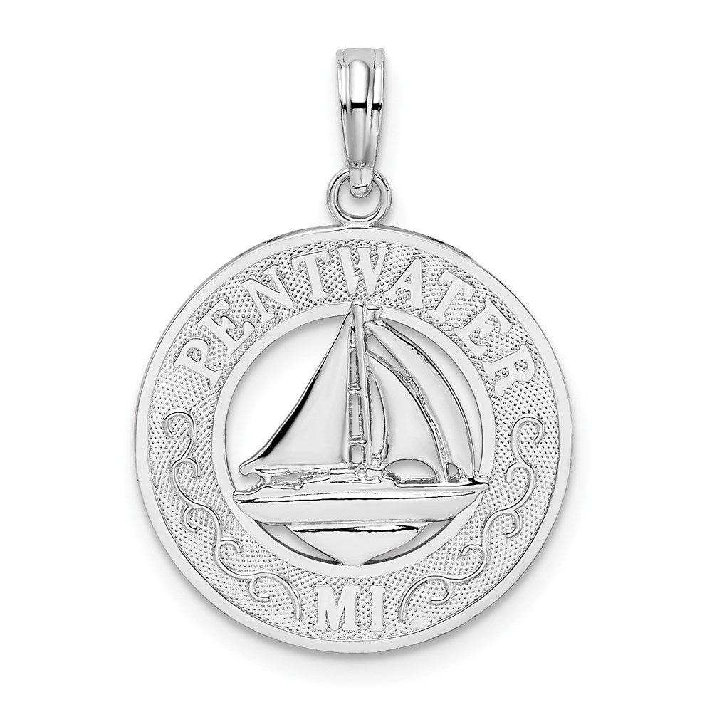 Sterling Silver Rhodium-plated Pentwater, MI Circle w/Sailboat Pendant