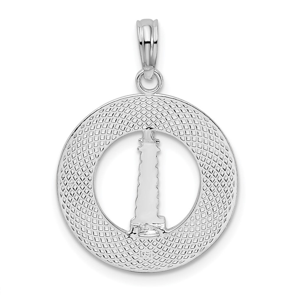 Sterling Silver Rhodium-plated Pentwater, MI Circle w/Lighthouse Pendant