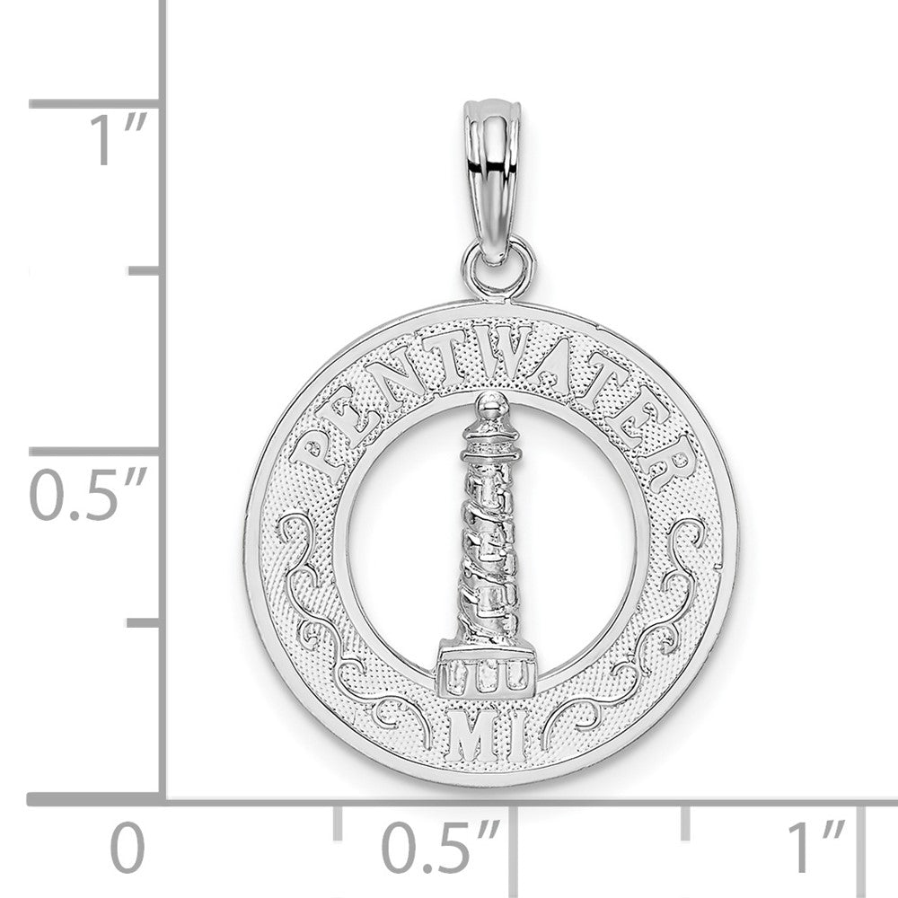 Sterling Silver Rhodium-plated Pentwater, MI Circle w/Lighthouse Pendant