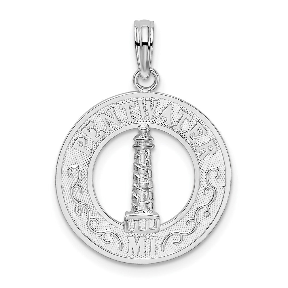 Sterling Silver Rhodium-plated Pentwater, MI Circle w/Lighthouse Pendant