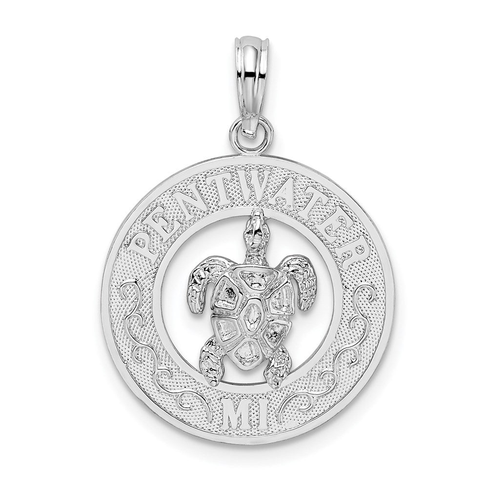 Sterling Silver Rhodium-plated Pentwater, MI Circle w/Turtle Pendant