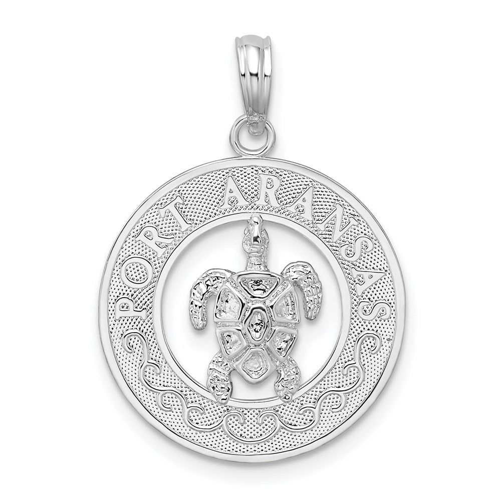 Sterling Silver Rhodium-plated Port Aransas Circle w/Turtle Pendant