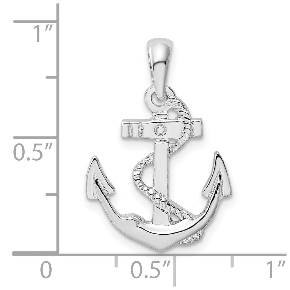 Sterling Silver Rhodium-plated Polished Anchor w/Rope Pendant
