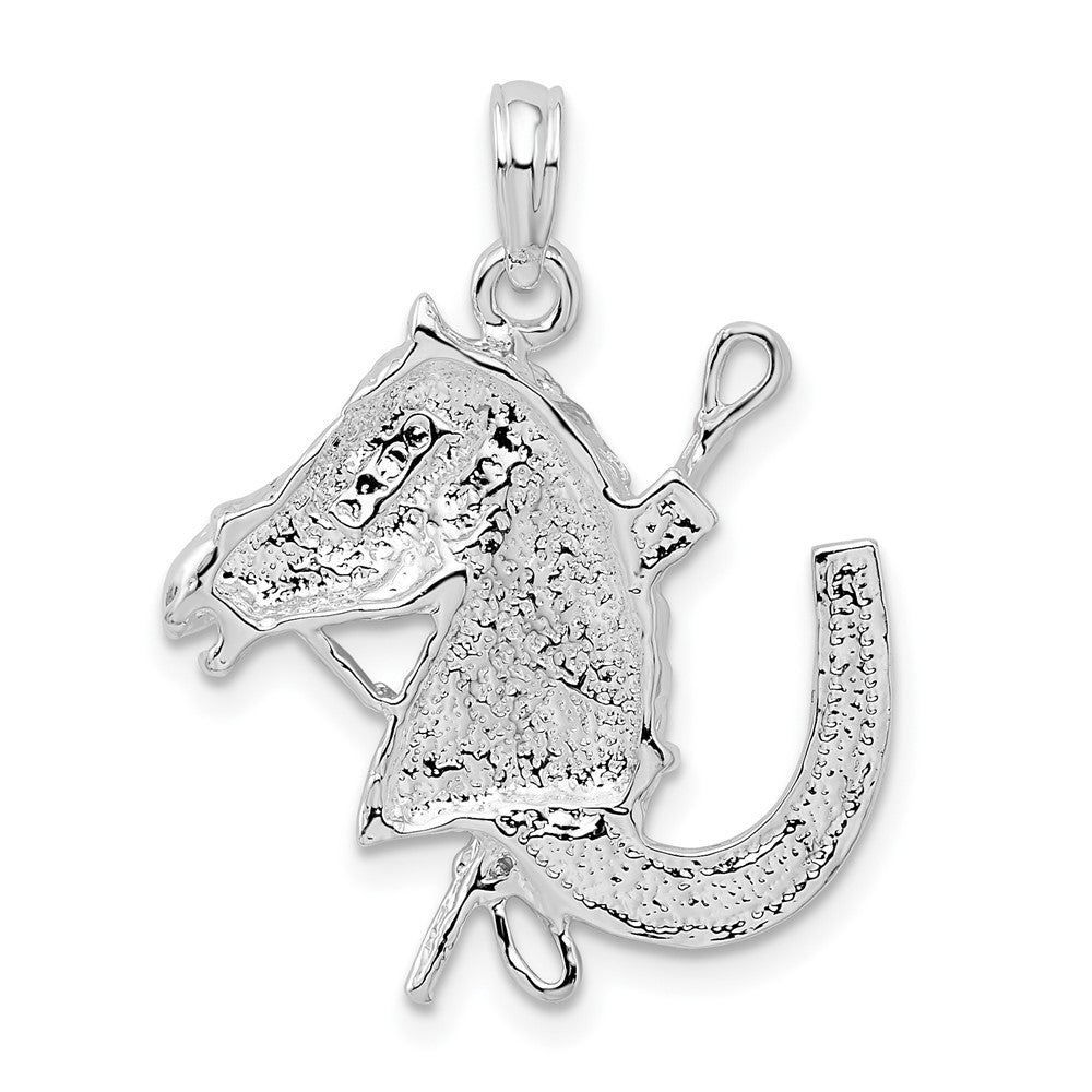 Sterling Silver Rhod-plated Horse Head w/Crop and Horseshoe Pendant
