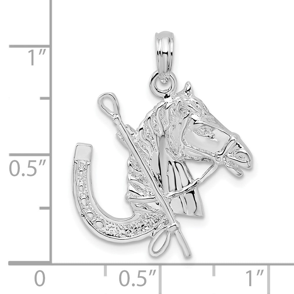 Sterling Silver Rhod-plated Horse Head w/Crop and Horseshoe Pendant