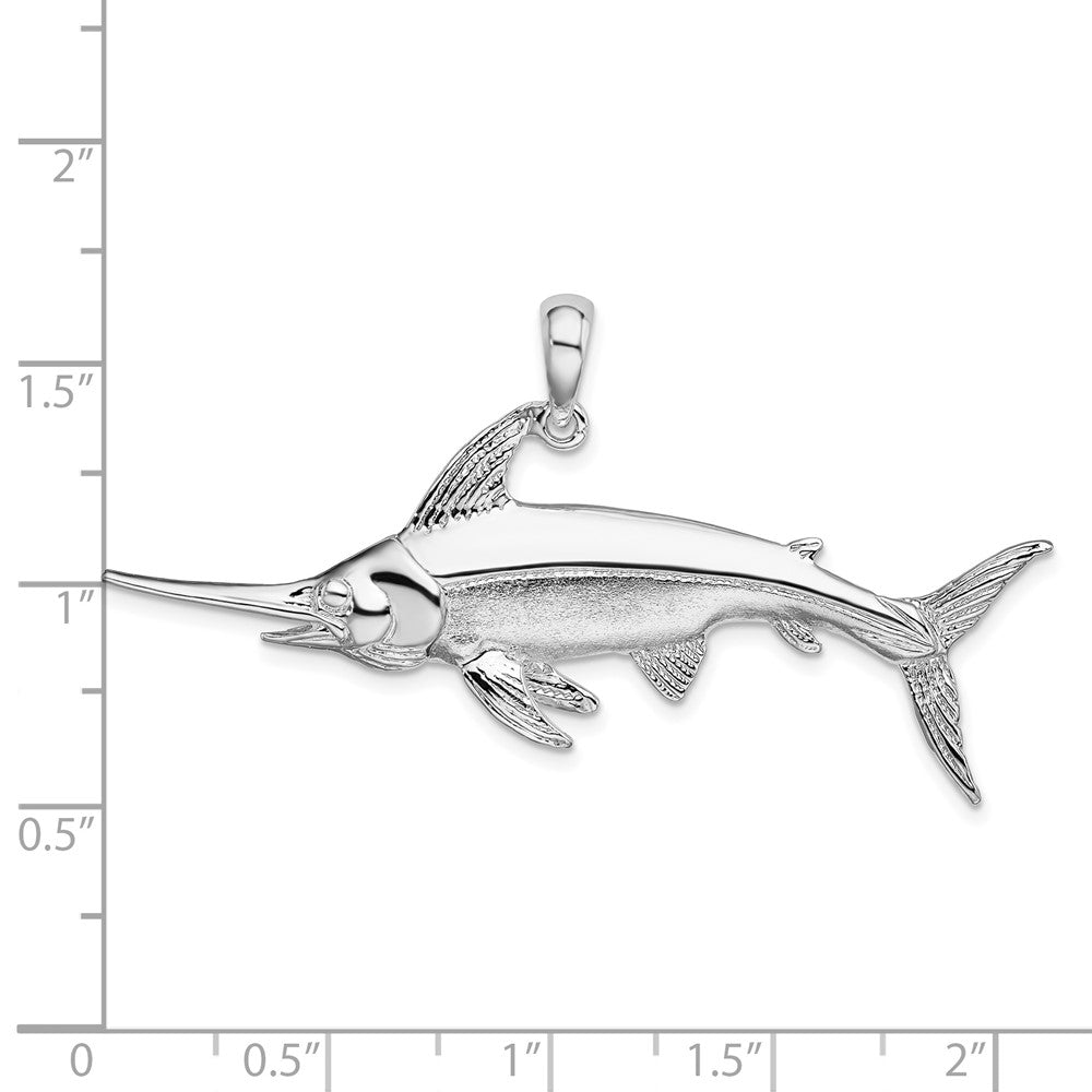 Sterling Silver Rhodium-plated Polished and Satin Swordfish Pendant