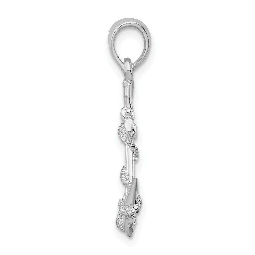 Sterling Silver Rhodium-plated 3D Anchor w/Rope and Shackle Pendant