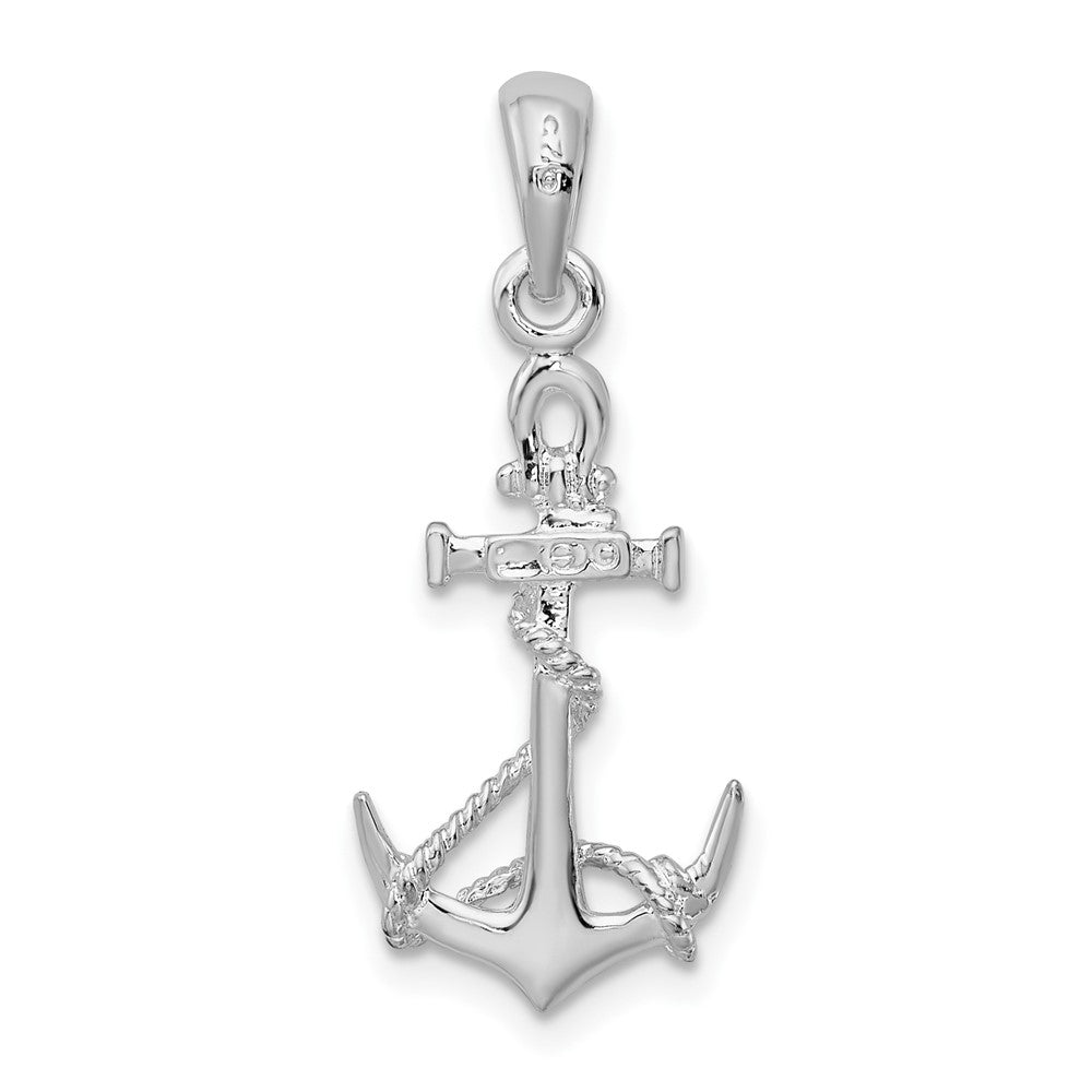 Sterling Silver Rhodium-plated 3D Anchor w/Rope and Shackle Pendant