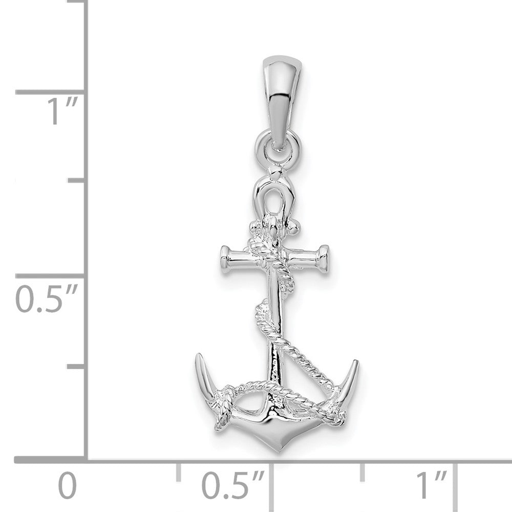 Sterling Silver Rhodium-plated 3D Anchor w/Rope and Shackle Pendant