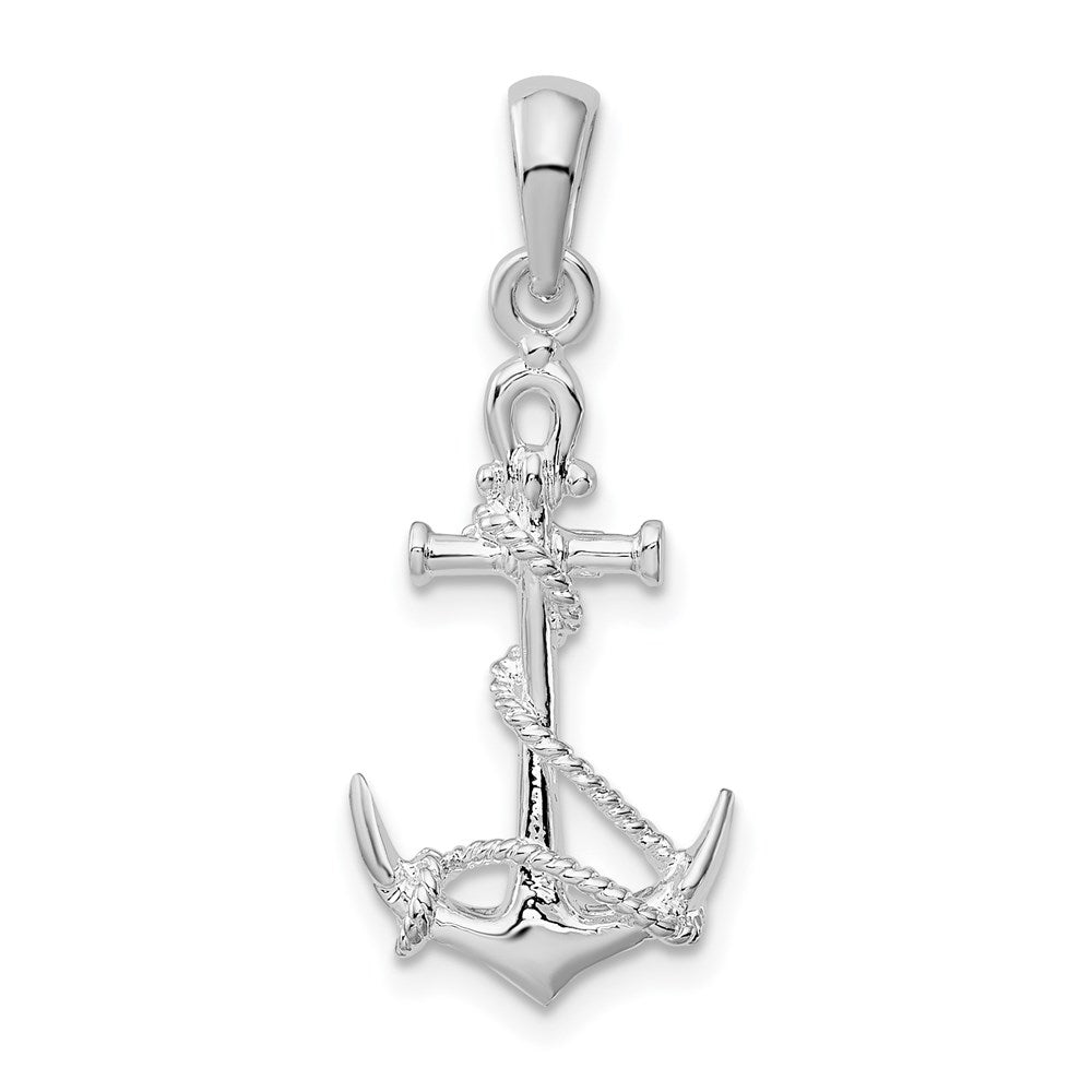Sterling Silver Rhodium-plated 3D Anchor w/Rope and Shackle Pendant