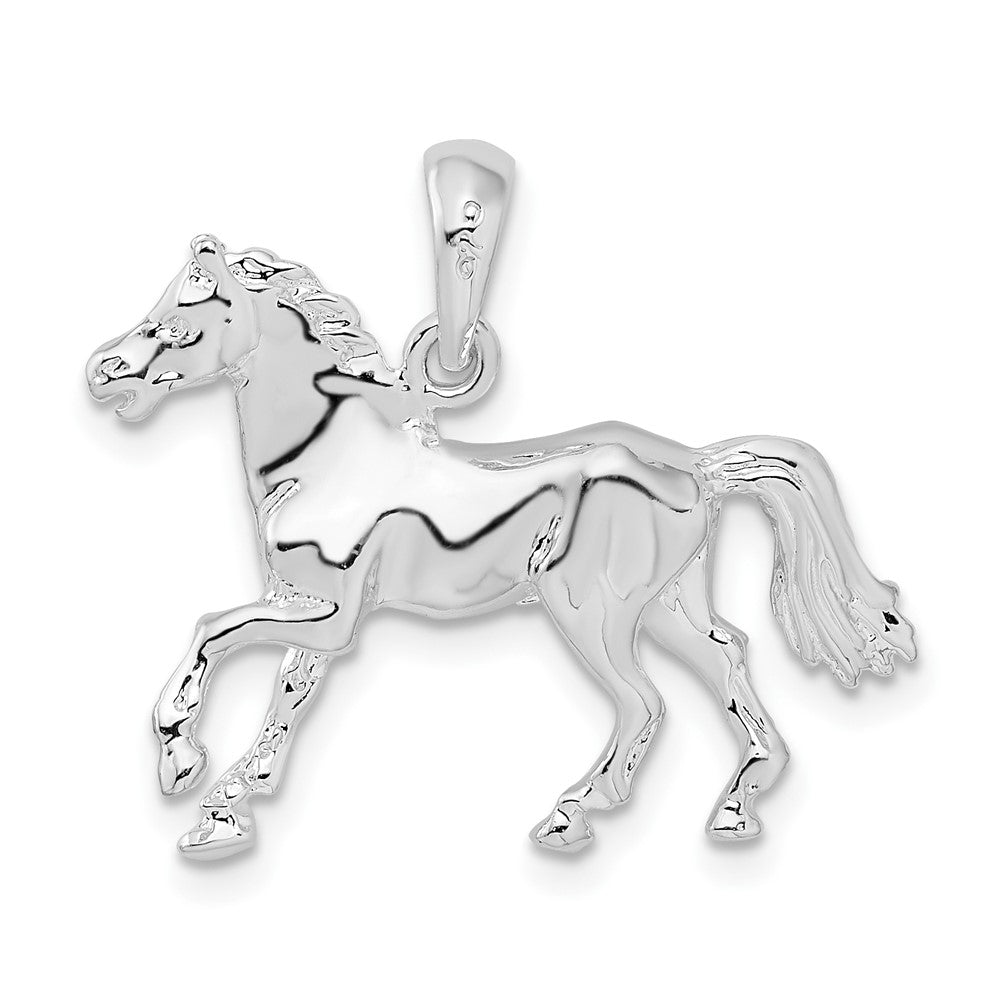Sterling Silver Rhodium-plated Polished 3D Walking Horse Pendant