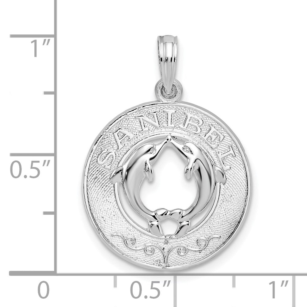 Sterling Silver Rhod-plated Polished Sanibel Circle w/Dolphins Pendant