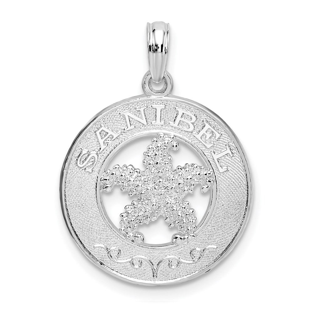 Sterling Silver Rhodium-plated Polished Sanibel Circle w/Starfish Pendant
