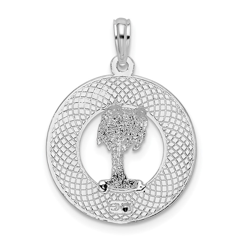 Sterling Silver Rhod-plated Polished Sanibel Circle w/Palm Tree Pendant