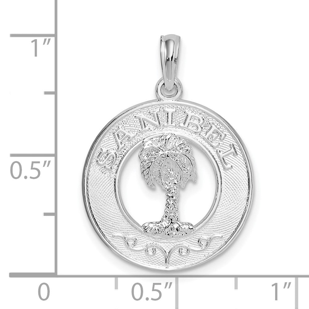 Sterling Silver Rhod-plated Polished Sanibel Circle w/Palm Tree Pendant