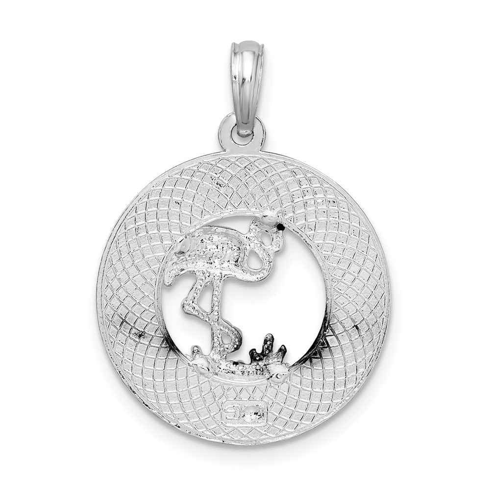Sterling Silver Rhod-plated Polished Sanibel Circle w/Flamingo Pendant