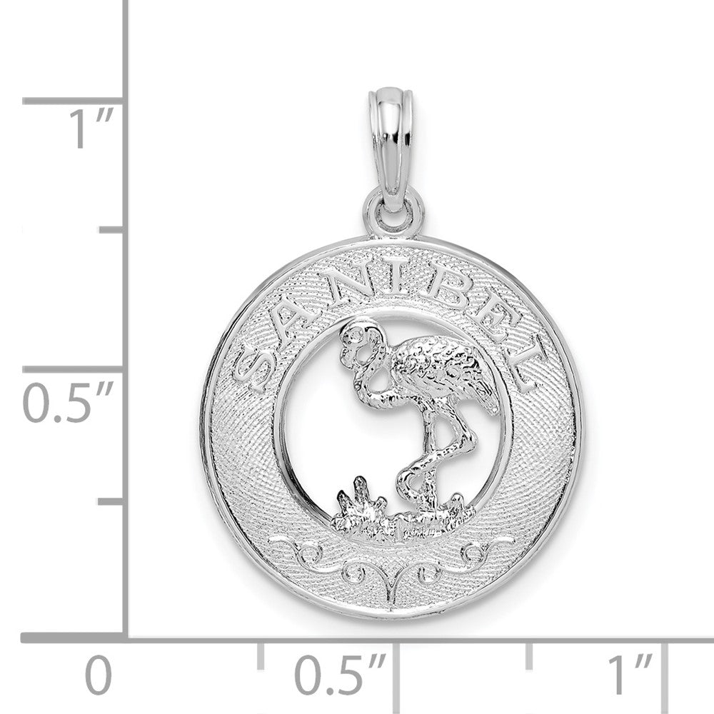 Sterling Silver Rhod-plated Polished Sanibel Circle w/Flamingo Pendant