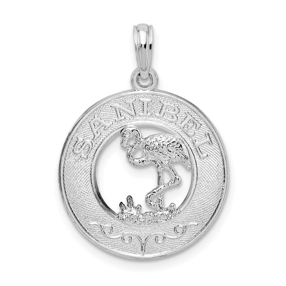 Sterling Silver Rhod-plated Polished Sanibel Circle w/Flamingo Pendant