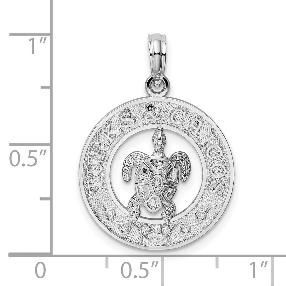Sterling Silver Rhodium-plated Turks and Caicos Circle w/Turtle Pendant