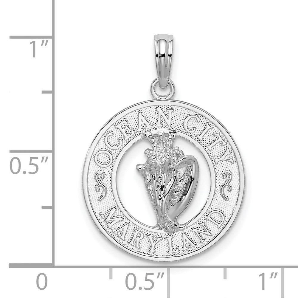 Sterling Silver Rhodium-plated Ocean City, MD Circle w/Shell Pendant