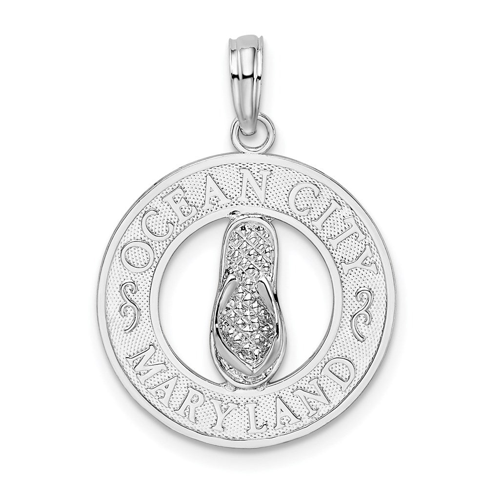 Sterling Silver Rhodium-plated Ocean City, MD Circle w/Flip-flop Pendant