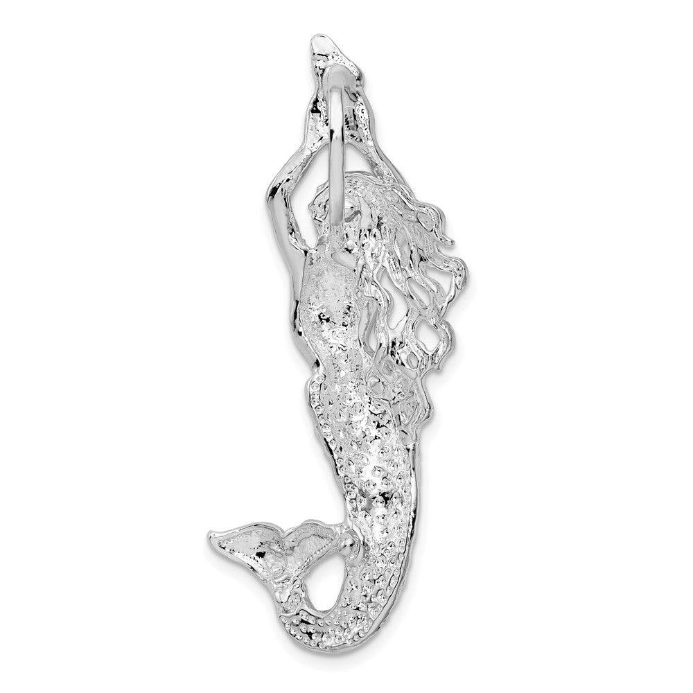 Sterling Silver Rhodium-plated Polished Large Mermaid w/Shell Slide