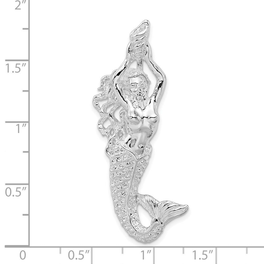 Sterling Silver Rhodium-plated Polished Large Mermaid w/Shell Slide