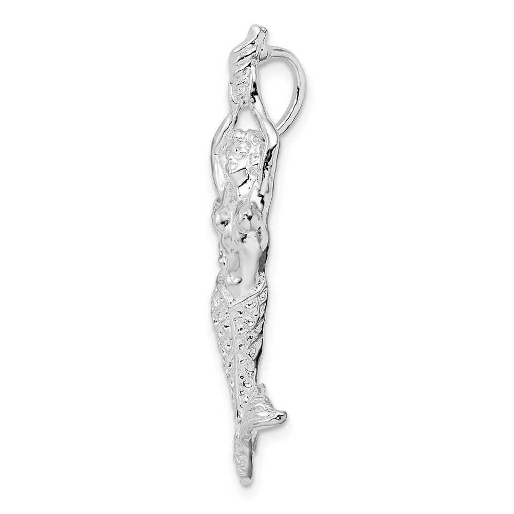 Sterling Silver Rhodium-plated Polished Mermaid w/Shell Slide