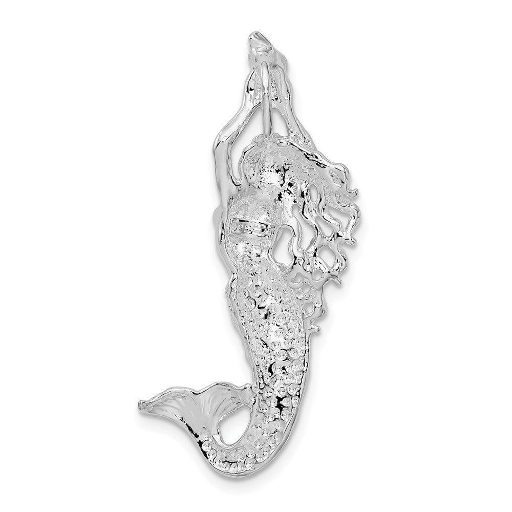 Sterling Silver Rhodium-plated Polished Mermaid w/Shell Slide