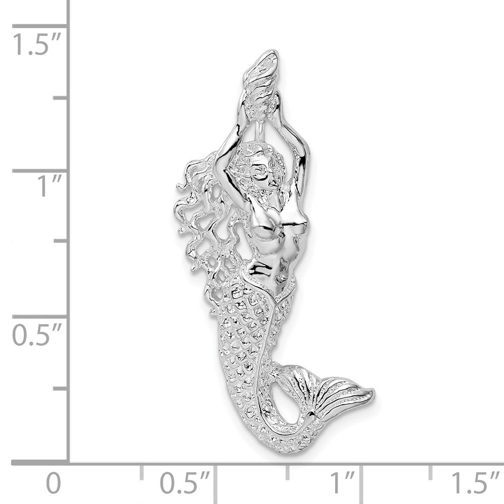 Sterling Silver Rhodium-plated Polished Mermaid w/Shell Slide