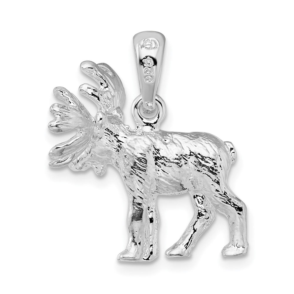 Sterling Silver Rhodium-plated Textured 3D Standing Moose Pendant