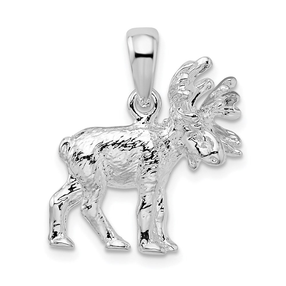 Sterling Silver Rhodium-plated Textured 3D Standing Moose Pendant