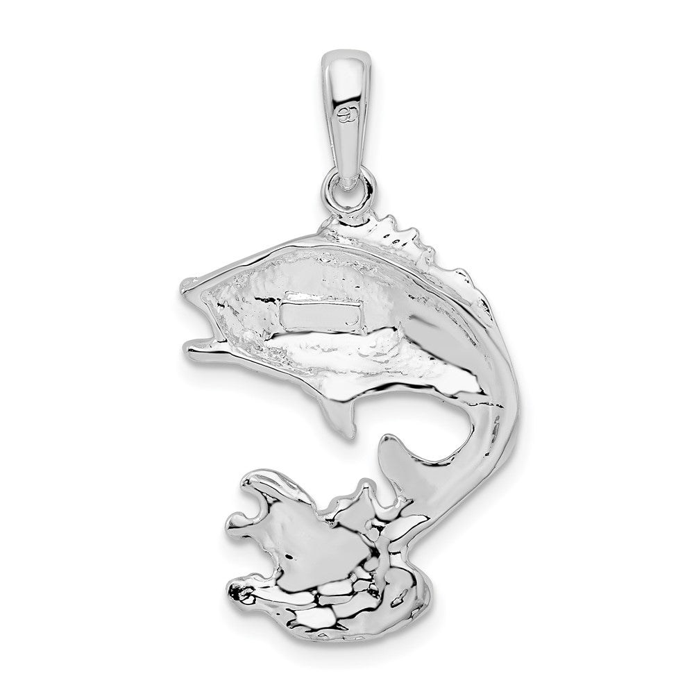 Sterling Silver Rhodium-plated Polished Jumping Bass Fish Pendant