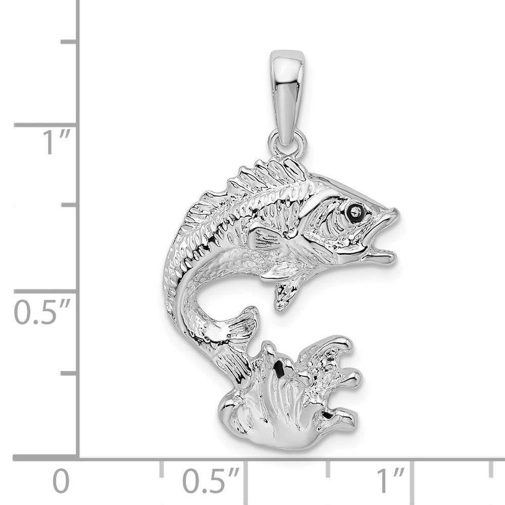Sterling Silver Rhodium-plated Polished Jumping Bass Fish Pendant