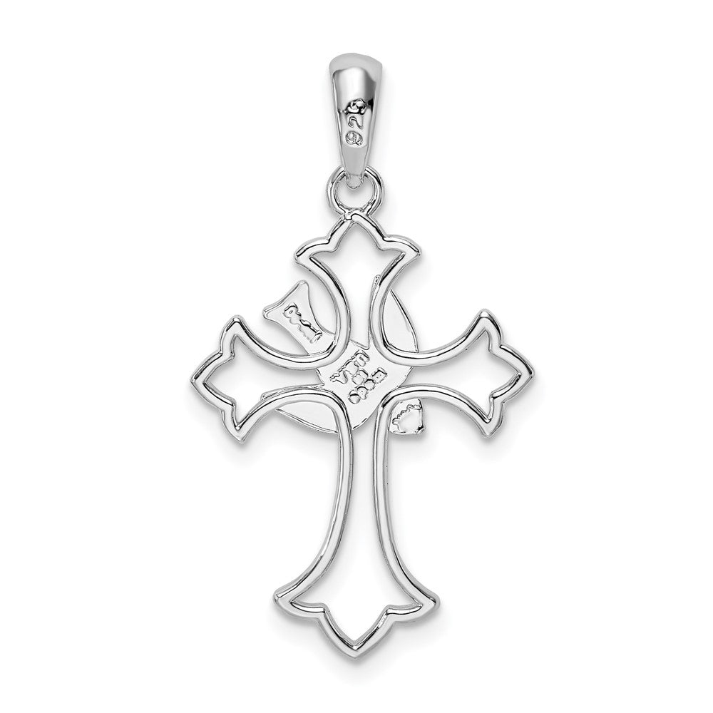Sterling Silver Rhodium-plated Cut-out Fleur de Lis Cross w/Dove Pendant