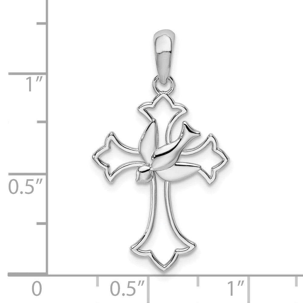 Sterling Silver Rhodium-plated Cut-out Fleur de Lis Cross w/Dove Pendant