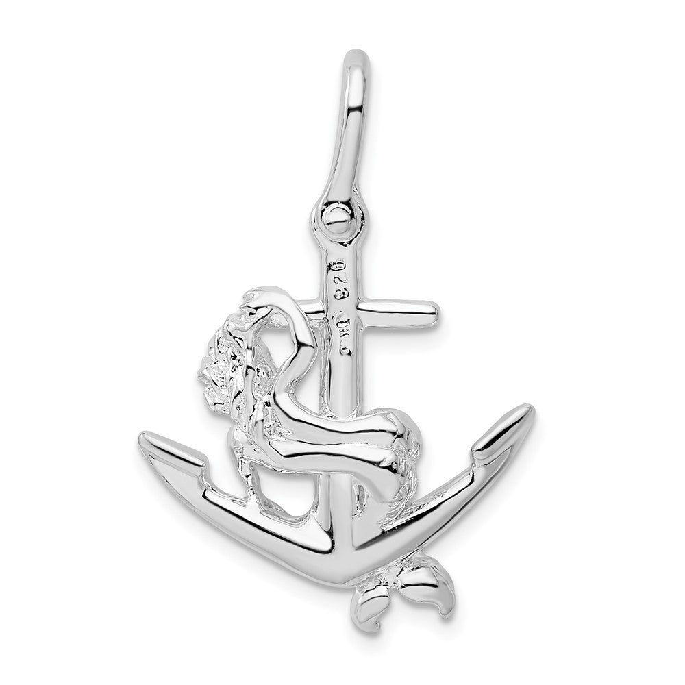Sterling Silver Rhodium-plated Polished 3D Anchor w/Mermaid Pendant