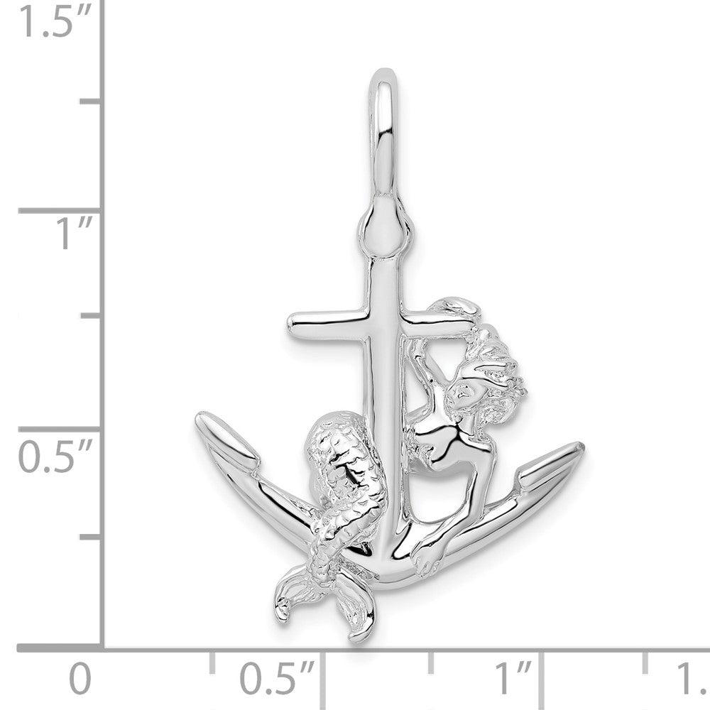 Sterling Silver Rhodium-plated Polished 3D Anchor w/Mermaid Pendant
