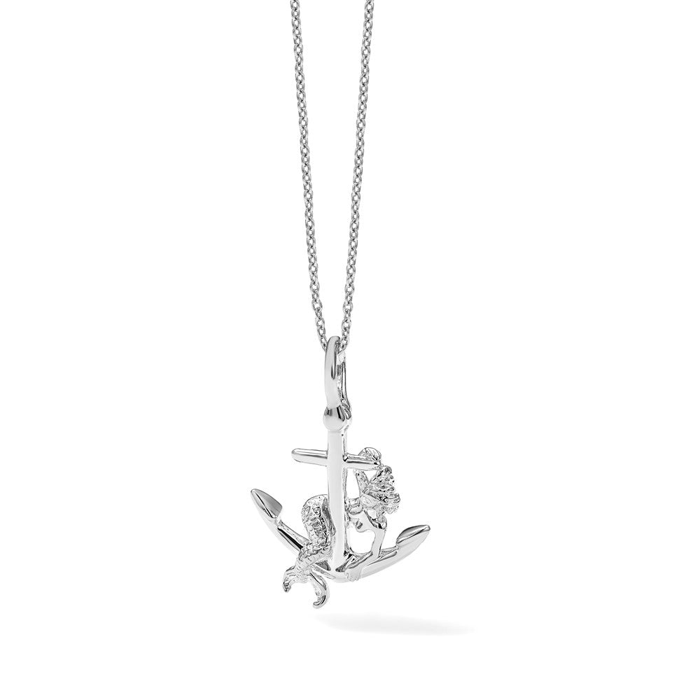 Sterling Silver Rhodium-plated Polished 3D Anchor w/Mermaid Pendant