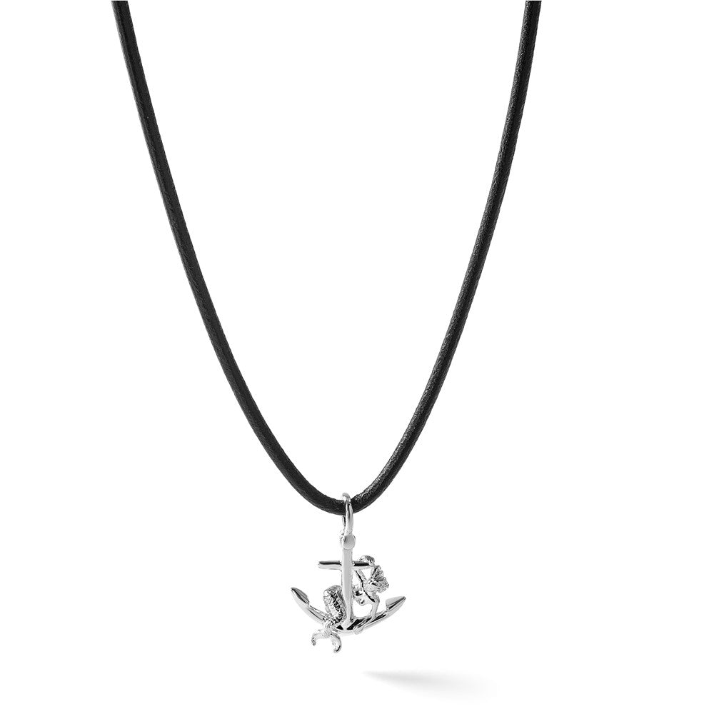 Sterling Silver Rhodium-plated Polished 3D Anchor w/Mermaid Pendant