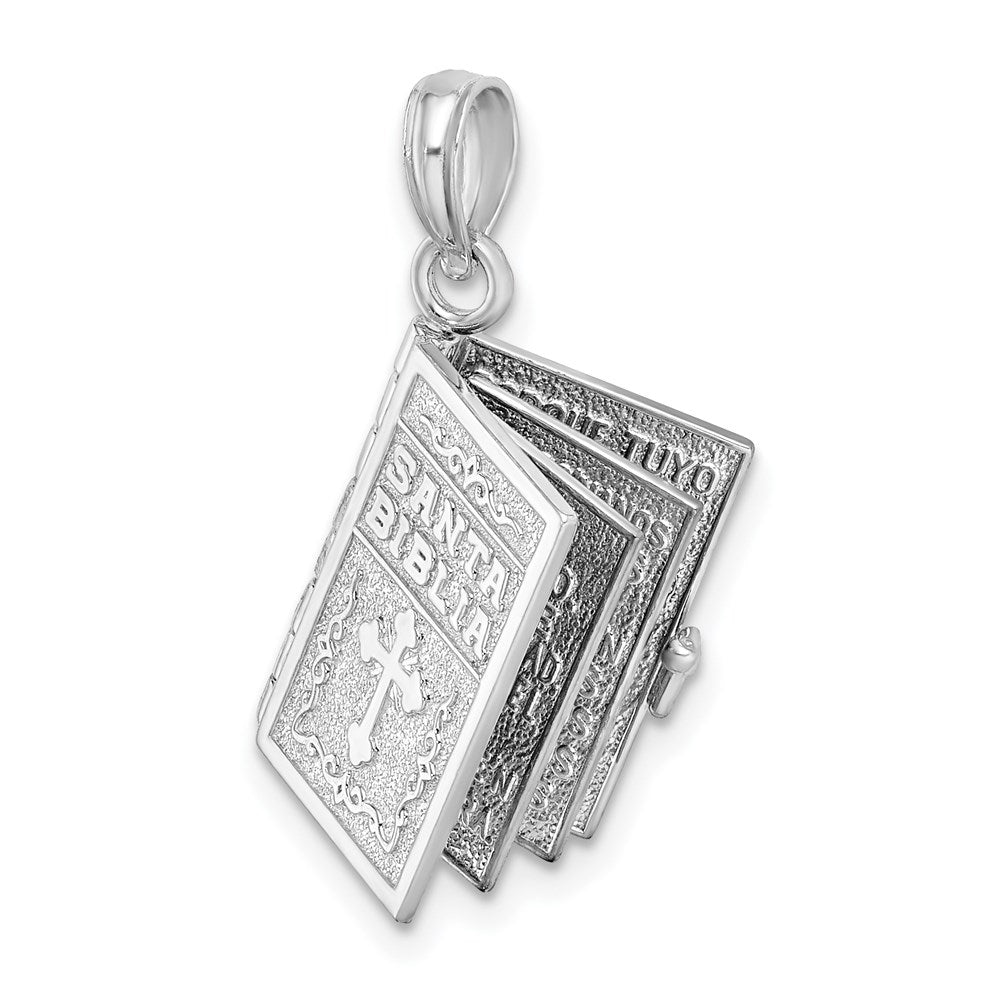 Sterling Silver Rhodium-plated Moveable 3D Spanish Santa Biblia Pendant