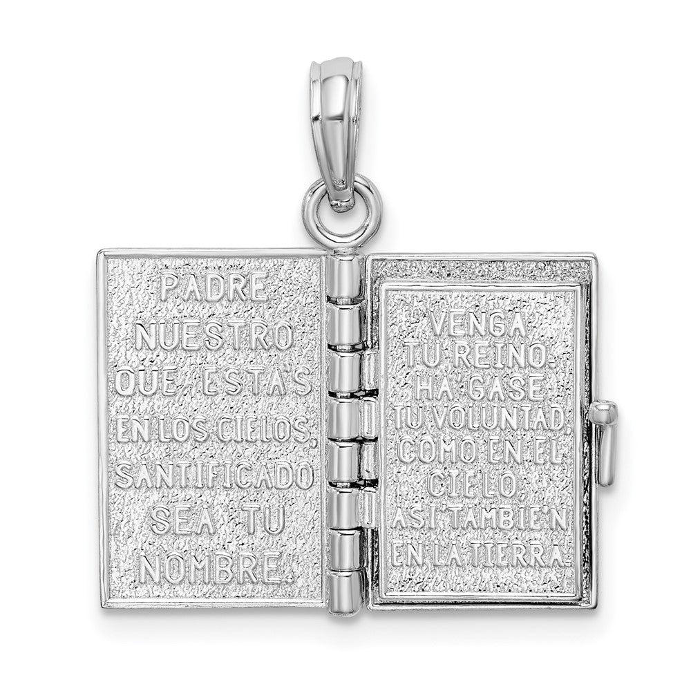 Sterling Silver Rhodium-plated Moveable 3D Spanish Santa Biblia Pendant