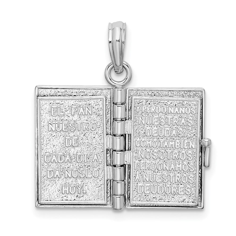 Sterling Silver Rhodium-plated Moveable 3D Spanish Santa Biblia Pendant