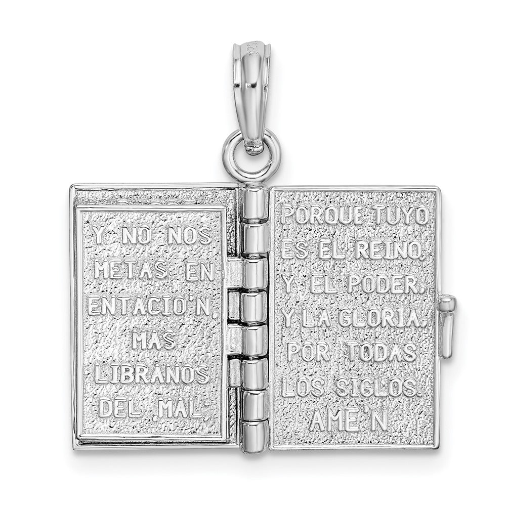 Sterling Silver Rhodium-plated Moveable 3D Spanish Santa Biblia Pendant