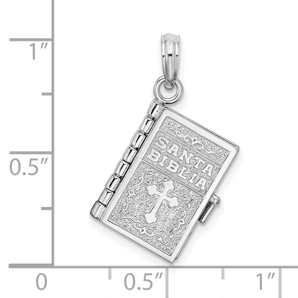 Sterling Silver Rhodium-plated Moveable 3D Spanish Santa Biblia Pendant