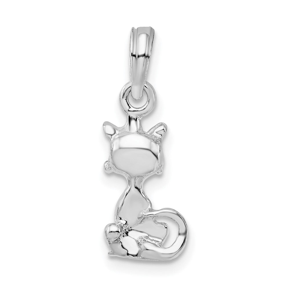 Sterling Silver Rhodium-plated Polished 3D Mini Sitting Cat Pendant
